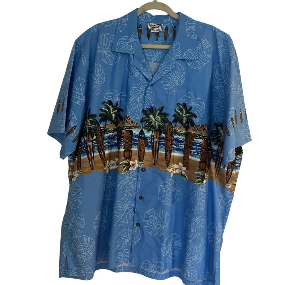 Favant Mens Hawaiian Shirt 3XL Surfboards Tiki Ocean Vintage Paradise Style Blue